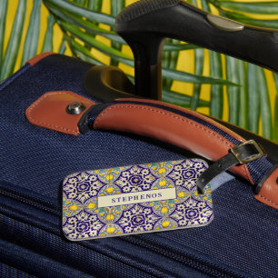 Étiquette À Bagage Bleu personnalisé Motif méditerranéen Fleurs jaune