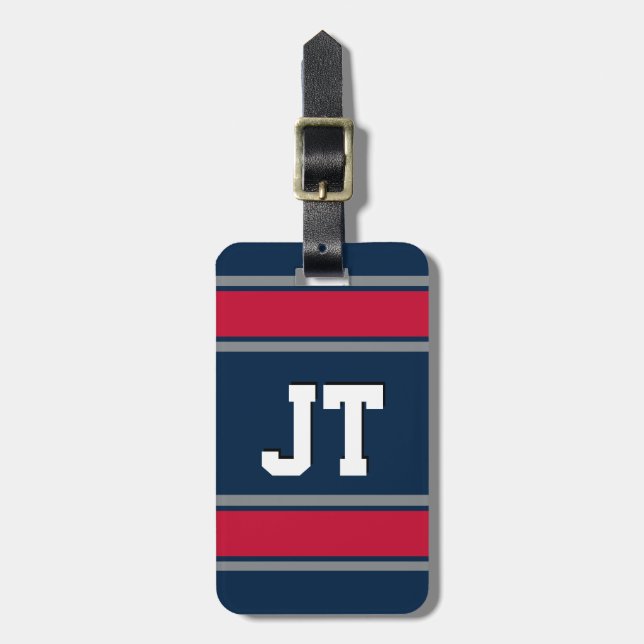 Étiquette À Bagage Bleu, Rouge et Argent Stripes Sport Monogrammes (Devant Vertical)