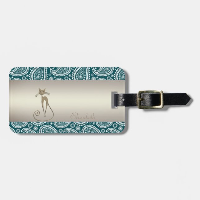 Étiquette À Bagage Bleu Turquoise adorable, Blancs, Chat - Personnali (Devant horizontal)