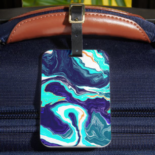 Étiquette À Bagage Bleu Turquoise Océan Fluide Marbre Art