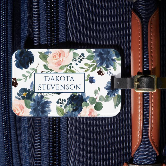 Étiquette À Bagage Blooms Chics | Monogramme floral bleu marine et bl (Insitu Rectoal 4)