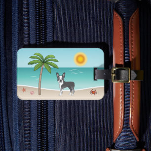 Étiquette À Bagage Blue Boston Terrier À Une Plage Tropicale D'Été