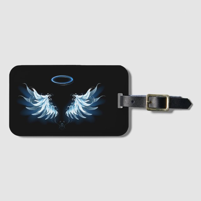 Étiquette À Bagage Blue Glowing Angel Wings on black background (Devant Horizontal)