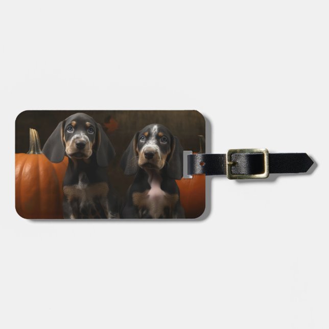 Étiquette À Bagage Bluetick Coonhound Chiot Automne Citrouille de pla (Devant horizontal)