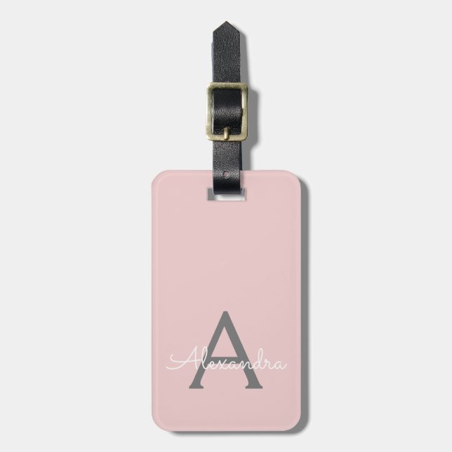 Étiquette À Bagage Blush Rose Gris Féminin Monogramme Nom Moderne (Devant Vertical)