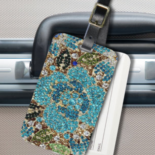 Étiquette À Bagage bohème girly chic argent turquoise fleur bleu