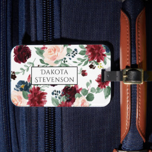 Étiquette À Bagage Boho Bloom   Monogramme bleu Bourgogne et bleu mar