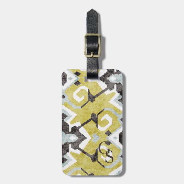 Étiquette À Bagage Boho chic noir et jaune ikat motif tribal (Devant Vertical)
