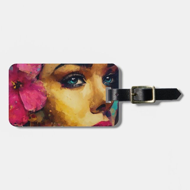 Étiquette À Bagage Bold Pink Hibiscus et femme Portrait Abstrait (Devant horizontal)