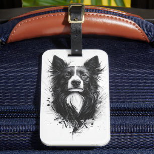 Étiquette À Bagage Border Collie noir et blanc