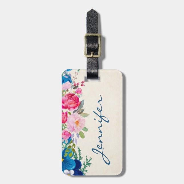 Étiquette À Bagage Border Pretty Pink et Blue Flower (Devant Vertical)
