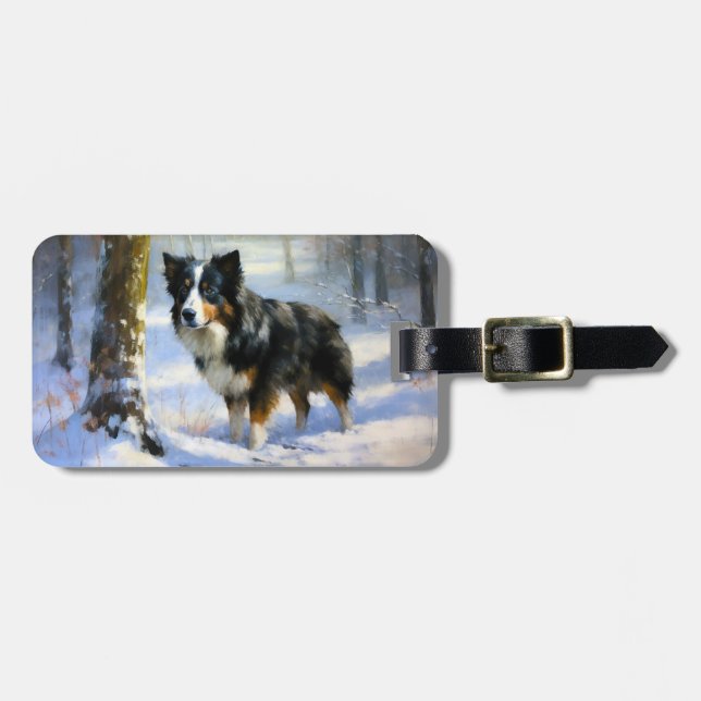 Étiquette À Bagage Bordure Collie Laisser neiger Noël (Devant horizontal)