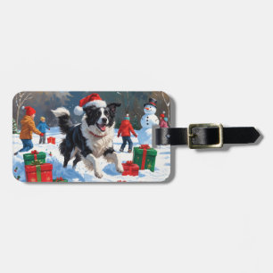 Étiquette À Bagage Bordure Collie Noël Festive Scène de neige