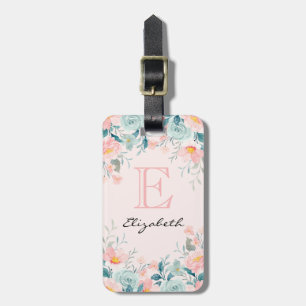 Étiquette À Bagage Bordure florale rose et verte