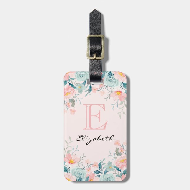 Étiquette À Bagage Bordure florale rose et verte (Devant Vertical)