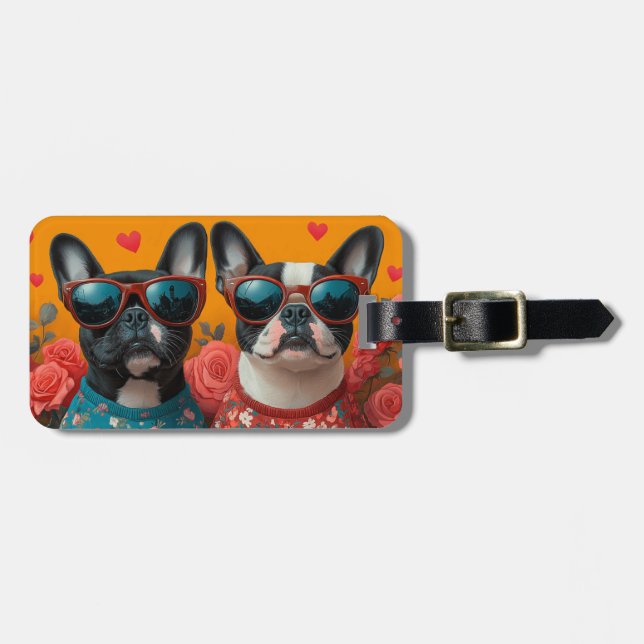 Étiquette À Bagage Boston Terrier avec coeur Roses Saint-Valentin (Devant horizontal)