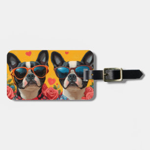 Étiquette À Bagage Boston Terrier avec coeur Roses Saint-Valentin