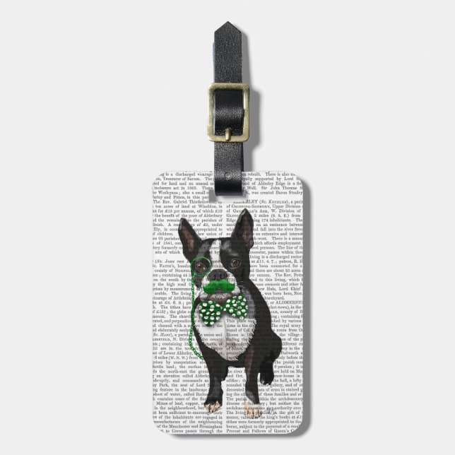 Étiquette À Bagage Boston Terrier Avec Moustache Verte Et Pot (Devant Vertical)