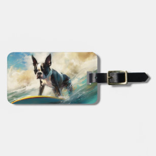 Étiquette À Bagage Boston Terrier Beach Surfing Peinture