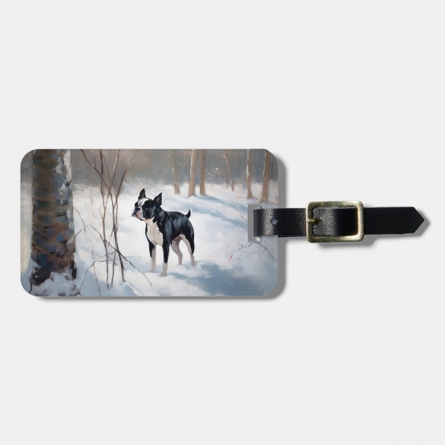 Étiquette À Bagage Boston Terrier Laisser neiger Noël (Devant horizontal)