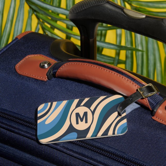 Étiquette À Bagage Boucles ondulées Retro Abstrait Motif Initial Blue (Insitu Rectoal 3)