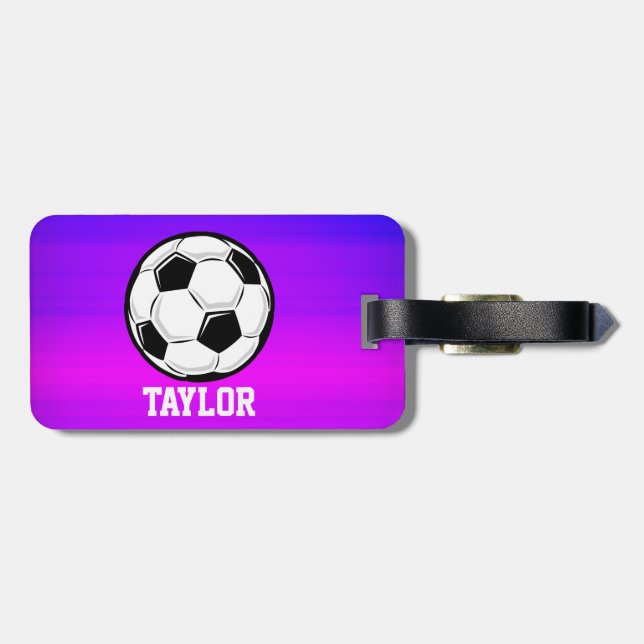 Étiquette À Bagage Boule de football; Violet bleu vibrant et Magenta (Dos horizontal)
