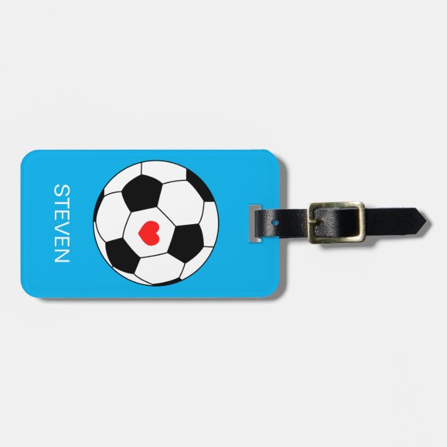 Étiquette À Bagage Boule de soccer Sport personnalisée Bleu avec coeu (Devant horizontal)