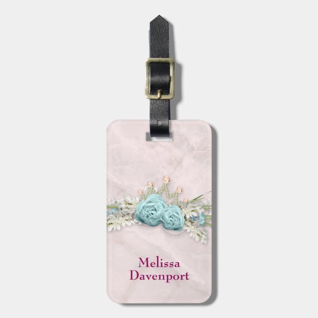 Étiquette À Bagage Bouquet de fleurs de Roses bleus et de Couronne (Devant Vertical)