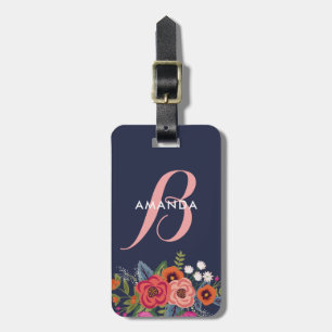 Étiquette À Bagage Bouquet floral de Boho - bleu marine et monogramme