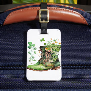 ÉTIQUETTE À BAGAGE BOUTS DE TRAVAIL IRLANDAIS VERT AVEC FLEURS SHAMRO