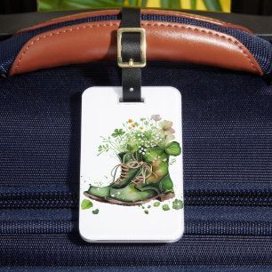 ÉTIQUETTE À BAGAGE BOUTS DE TRAVAIL IRLANDAIS VERT AVEC FLEURS SHAMRO
