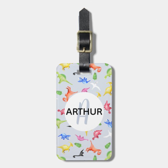 Étiquette À Bagage Boys Cute Dinosaur Motif Monogramme Nom Enfants (Devant Vertical)
