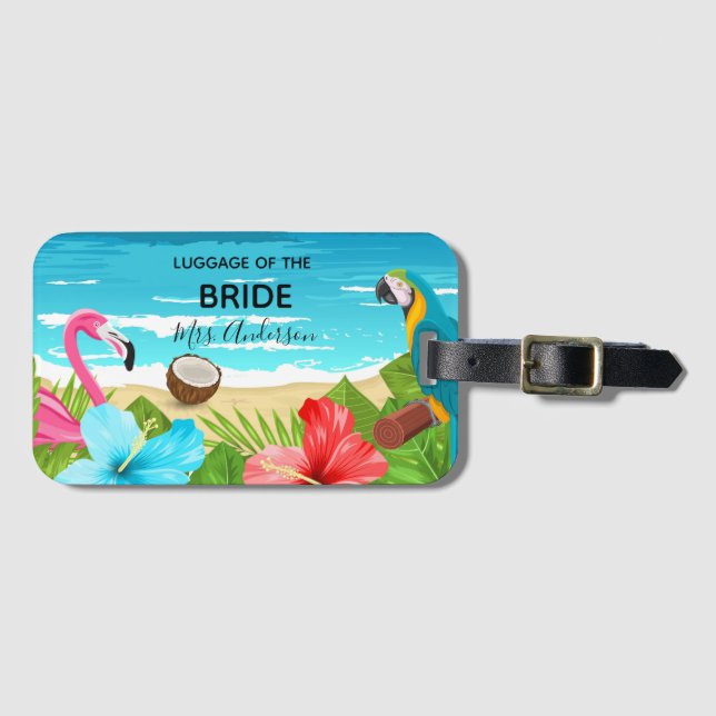 Étiquette À Bagage Bride plage tropicale lune de miel flamingo mer (Devant Horizontal)