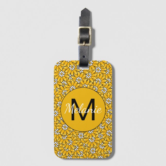 Étiquette À Bagage Bright Yellow Floral Pattern Personalised (Devant Vertical)