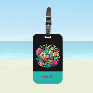 Étiquette À Bagage Broderie Tropical Faux Poissons Initiales Noir Ros