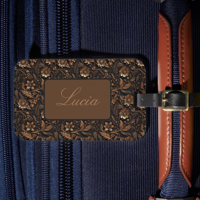 Étiquette À Bagage Bronze foncé Embossé Floral Personnalisé (Insitu Rectoal 4)