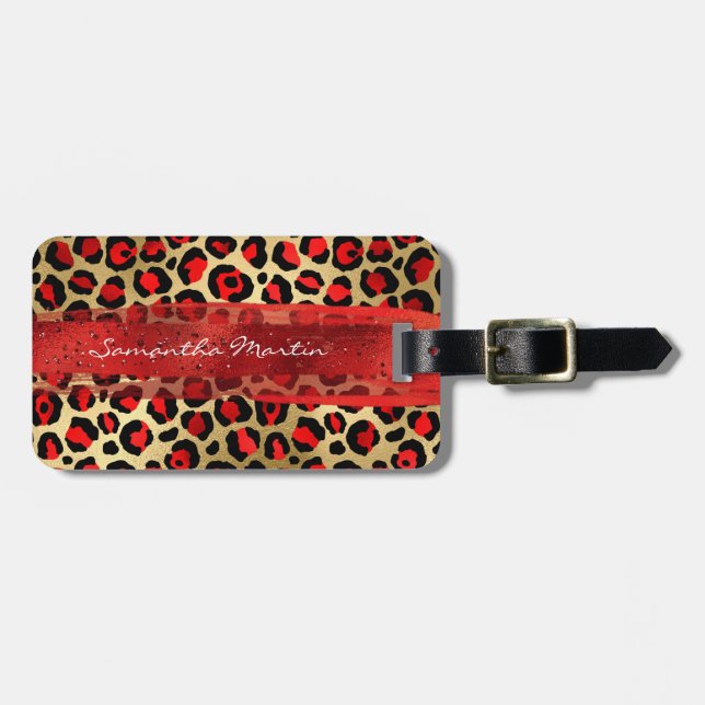 Étiquette À Bagage Brosse léopard rouge et or (Devant horizontal)
