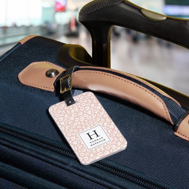 Étiquette À Bagage Brouiller | Monogramme Empreinte de léopard pastel (Créateur téléchargé)