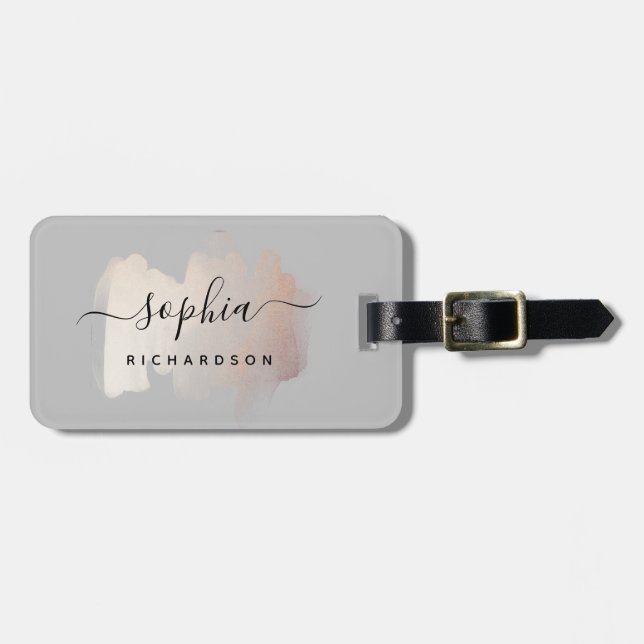 Étiquette À Bagage Brouillon Chic | Faux Rose Gold sur Soft Grey (Devant horizontal)