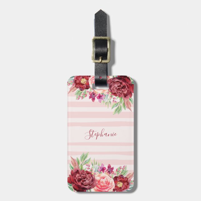 Étiquette À Bagage Brousse Bourgogne Blush Monogramme Floral (Devant Vertical)