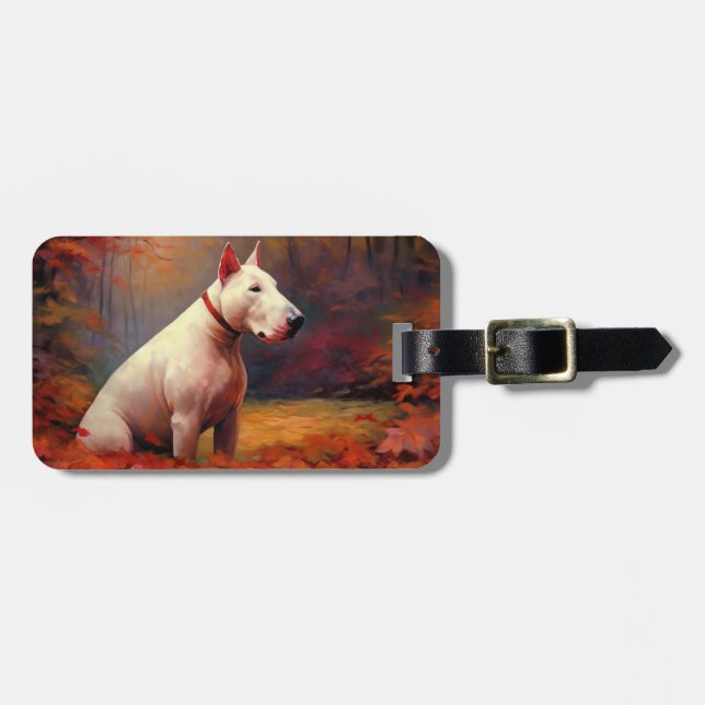 Étiquette À Bagage Bull Terrier à l'automne Leaves automne Inspire (Devant horizontal)