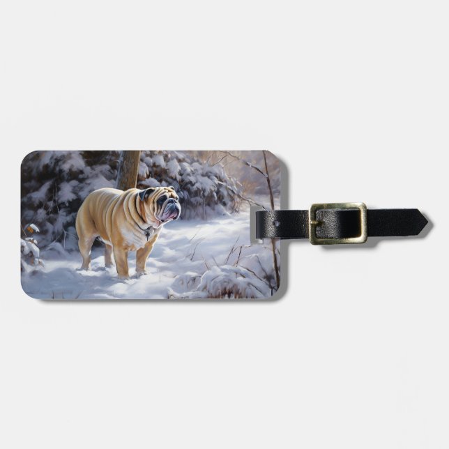 Étiquette À Bagage Bulldog Qu'Il Neige Noël Brossé (Devant horizontal)