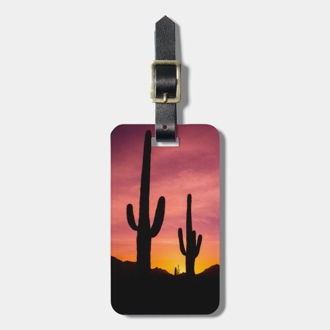 Étiquette À Bagage Cactus du Saguaro au lever du soleil, Arizona (Devant Vertical)