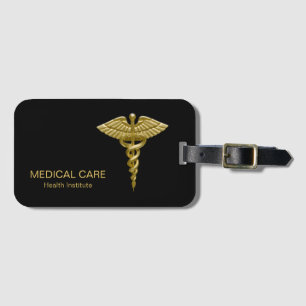 Étiquette À Bagage Caducée Médicale chic d'or sur l'étiquette noire