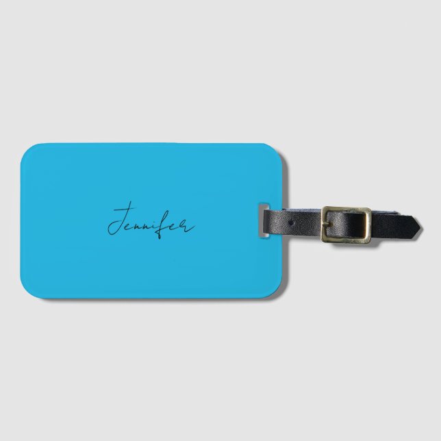 Étiquette À Bagage Calligraphie Élégante Plaque Simple Nom Bleu (Devant Horizontal)