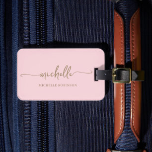 Étiquette À Bagage Calligraphie Moderne Monogramme Nom Script Or Rose