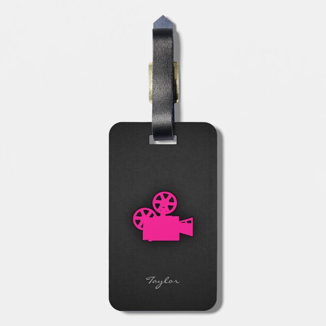 Étiquette À Bagage Caméra de cinéma rose chaud (Dos Vertical)