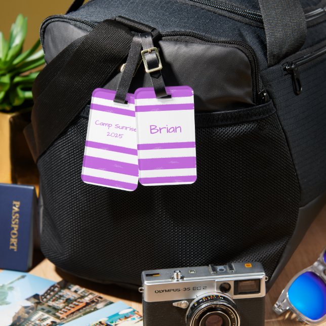 Étiquette À Bagage Camp de jeunes personnalisé Purple Stripe (Recto & Verso)