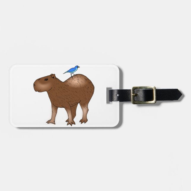 Étiquette À Bagage Capybara de bande dessinée avec l'oiseau bleu sur (Devant horizontal)