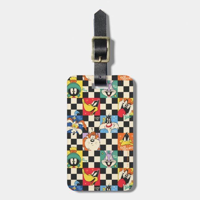 Étiquette À Bagage Caractères LOONEY TUNES™ sur Checker noir et blanc (Devant Vertical)
